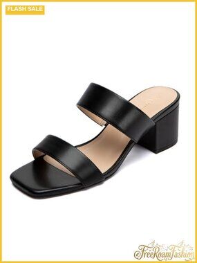Two Strap Heeled Sandals Square Open Toe 2 Inch Low Chunky Block Heels